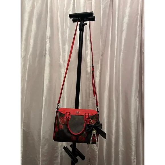 STUNNING Coach Rowan Red Leather Trim black, brown & Rose Print - Picture 9 of 12